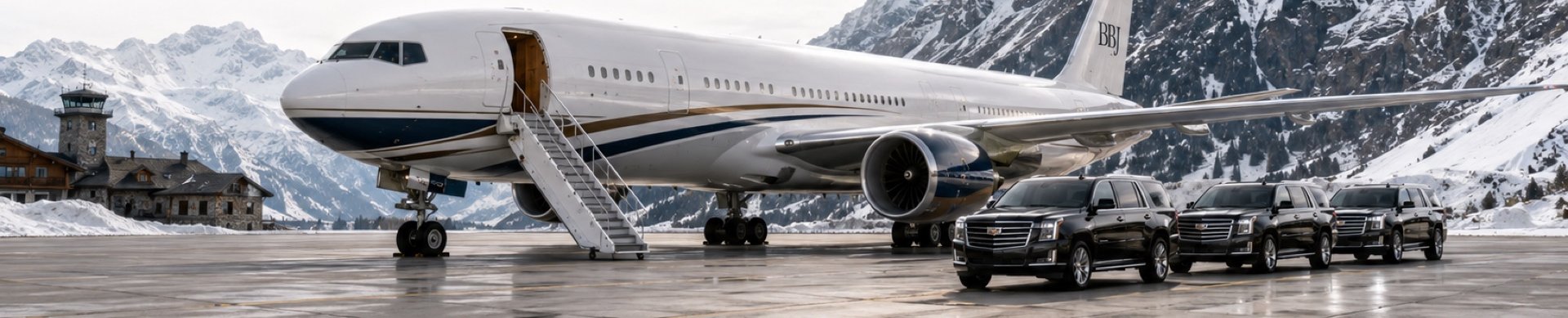 Boeing Business Jet on alpine tarmac with diplomatic motorcade